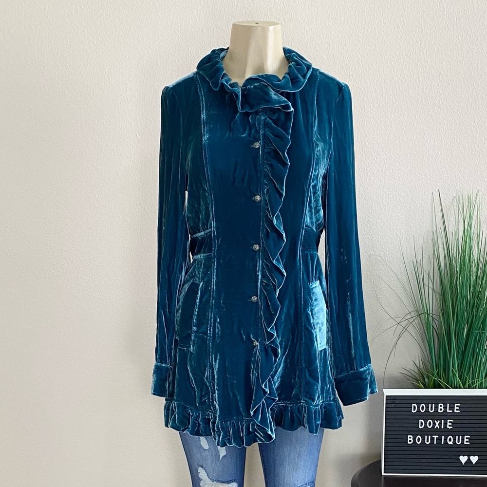 TASHA POLIZZI | Teal Velvet Silk Blend Ruffled Longline Jacket Sz M